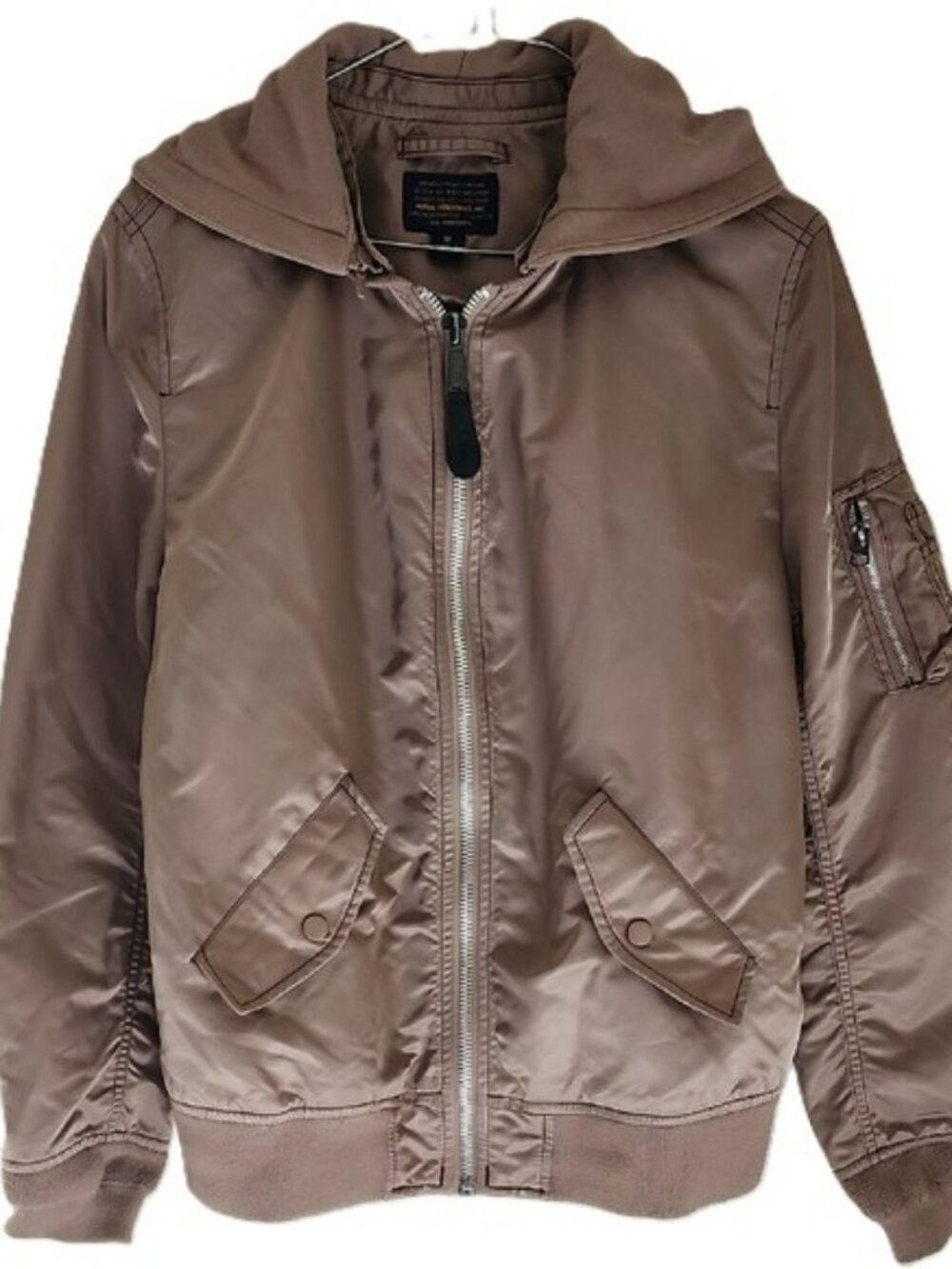 Alpha Industries Light Brown Taupe Unisex Satin Hooded Bomber Jacket Size Medium